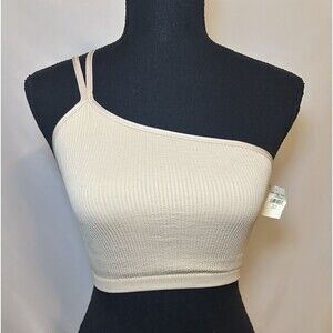 Aerie Seamless Ribbed One Shoulder Shelf Bra Bralette Crop Top Beige SMALL NWT‎